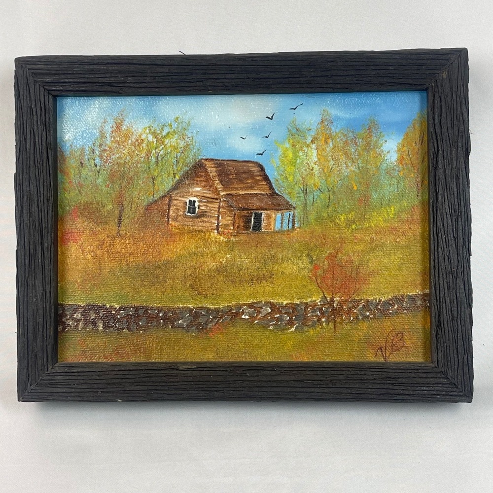 Vintage Original Oil Painting Signed VB Rustic Cabin Landscape Wood Framed 9x7